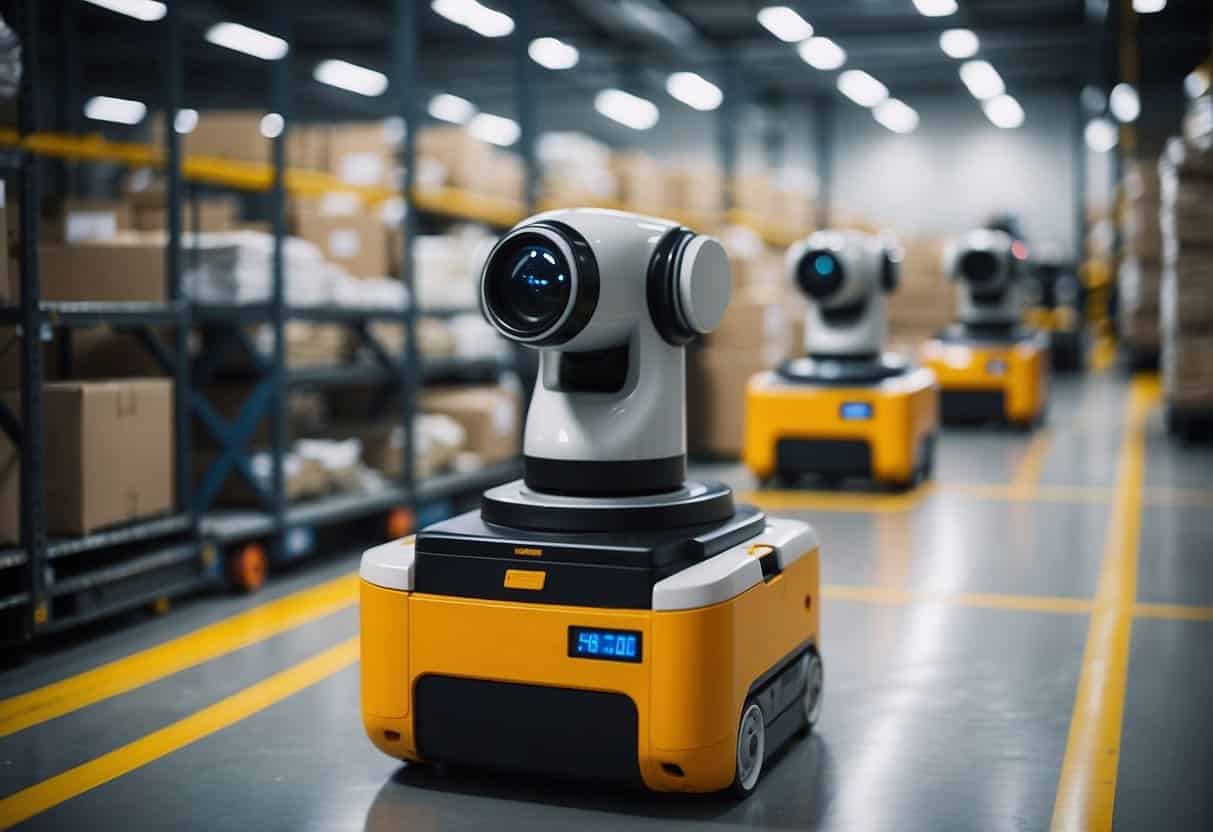 A bustling warehouse with AI-powered robots moving goods. SME owners review data on a digital dashboard