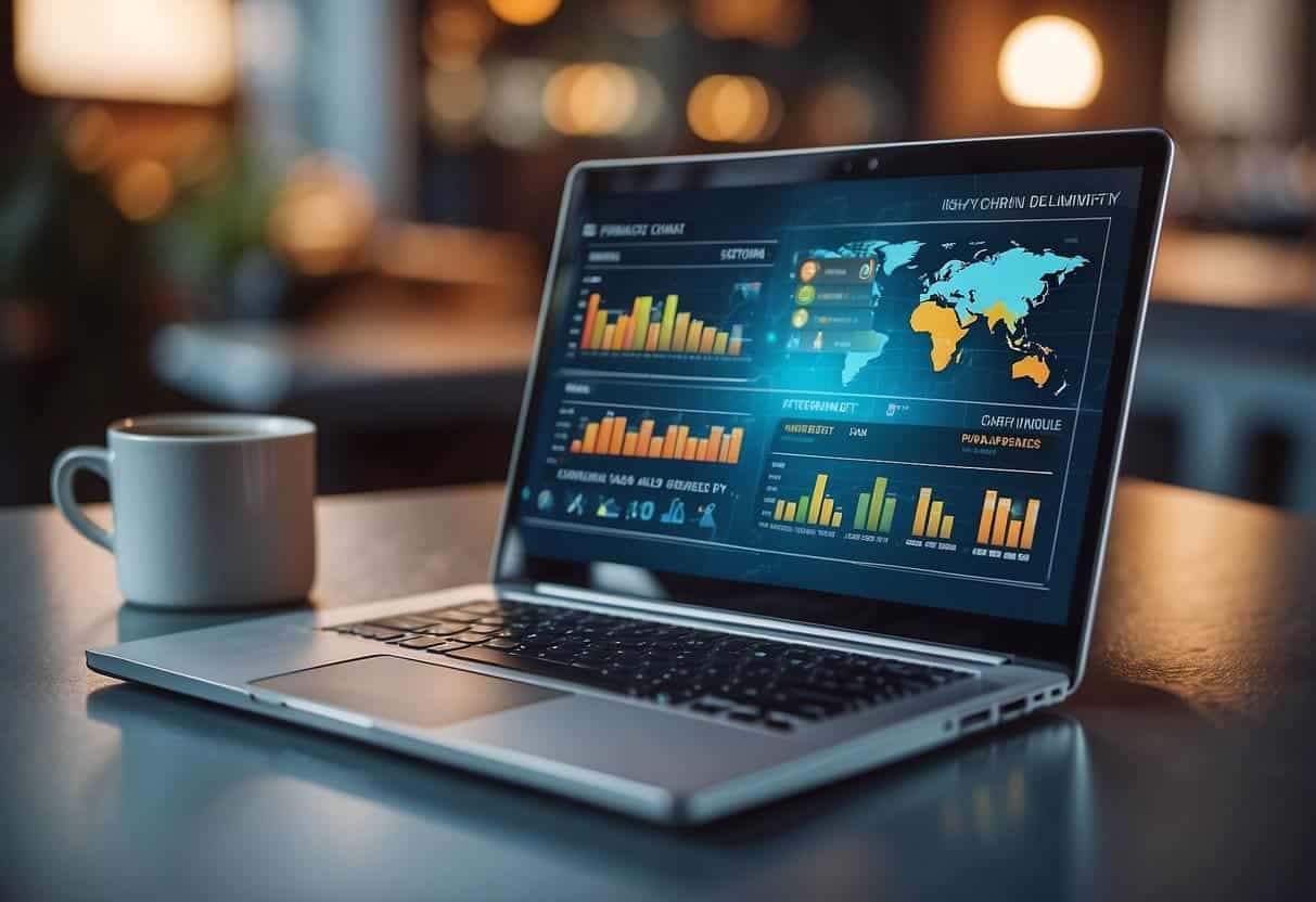 A laptop displaying various privacy-friendly analytics tools with a comparison chart, surrounded by icons representing different SMEs
