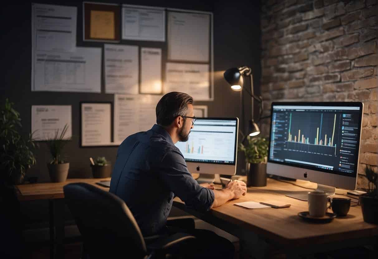 A small business owner sits at a desk, comparing different analytics tools. A laptop, notebook, and pen are on the table. The owner looks focused and determined
