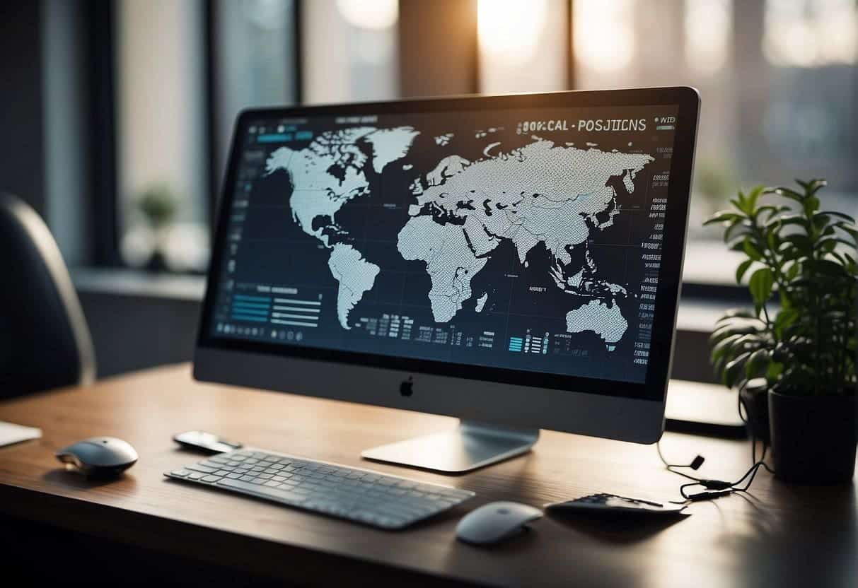 A computer screen displays web analytics data. A privacy-focused SME logo is visible. A privacy policy document is open on the desk