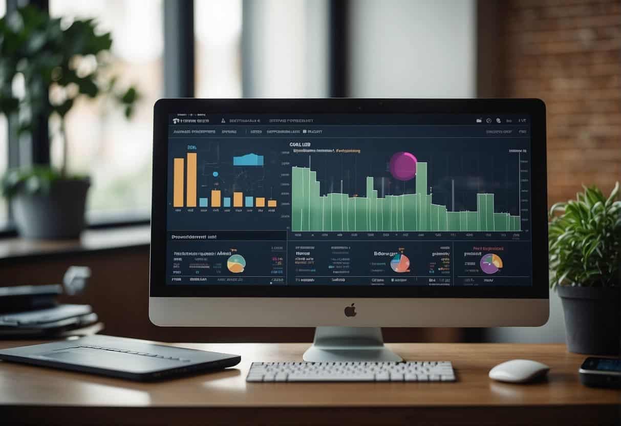 A computer screen displaying various analytics tools, with charts and graphs showing website performance data. Privacy logos and small business branding visible