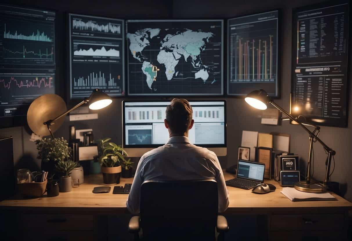 A small business owner sits at a desk, surrounded by various privacy-conscious analytics tools. A chart on the wall shows the importance of support and documentation