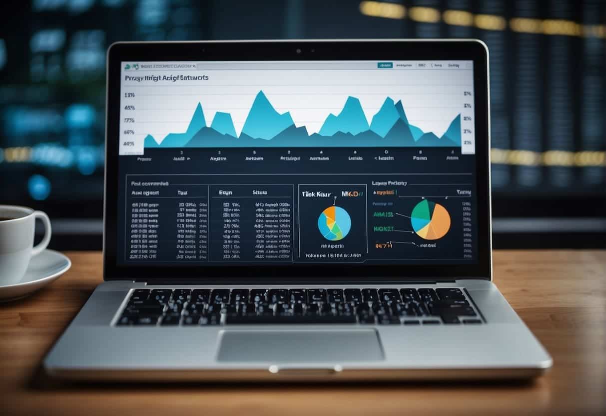 A laptop displaying various analytics tools, with a focus on privacy features. Charts and graphs show data analysis. Privacy logos are prominent
