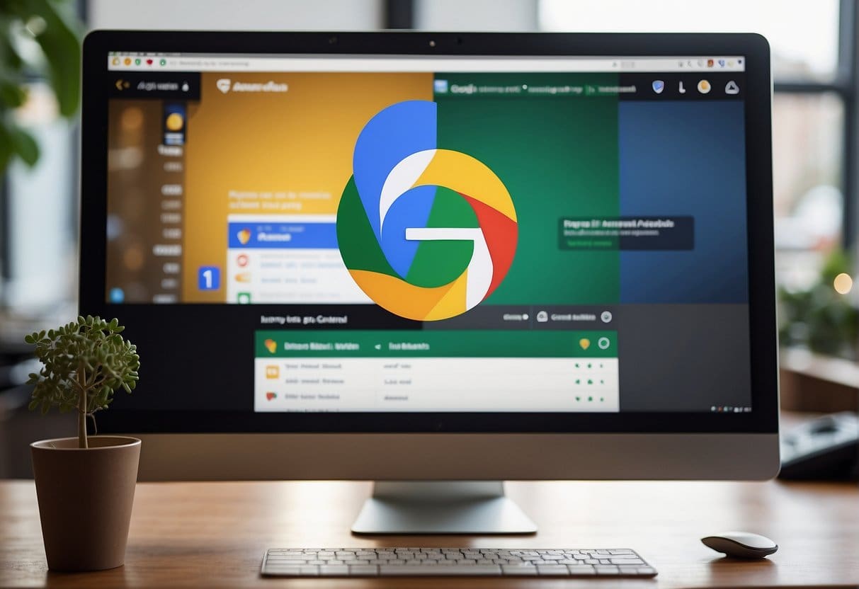 A computer screen displaying the Google AdWords interface with a small business logo and campaign setup options