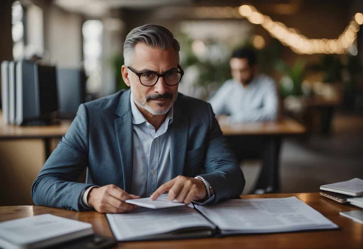 A small business owner reviews legal and billing information while managing Google AdWords