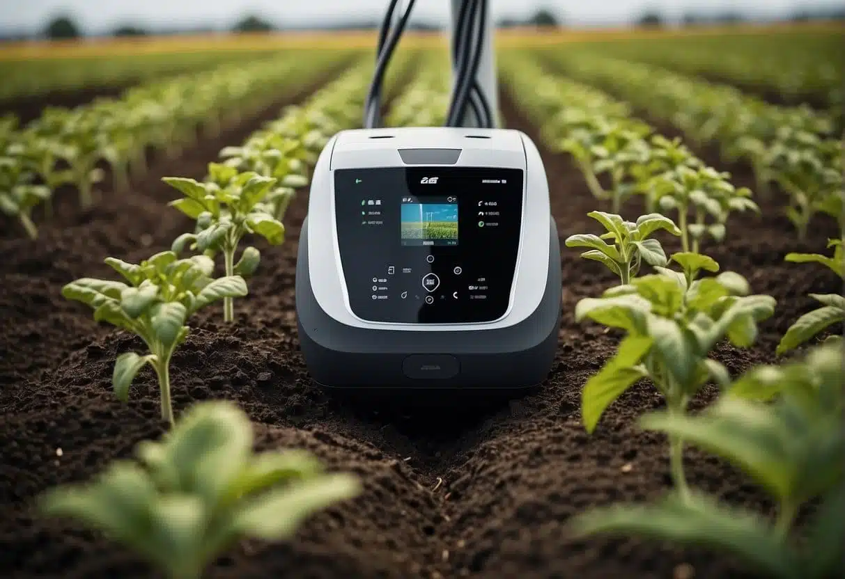 AI technology integrates with small-scale farming. Cost-benefit analysis in progress. Machinery, sensors, and data collection evident in the scene