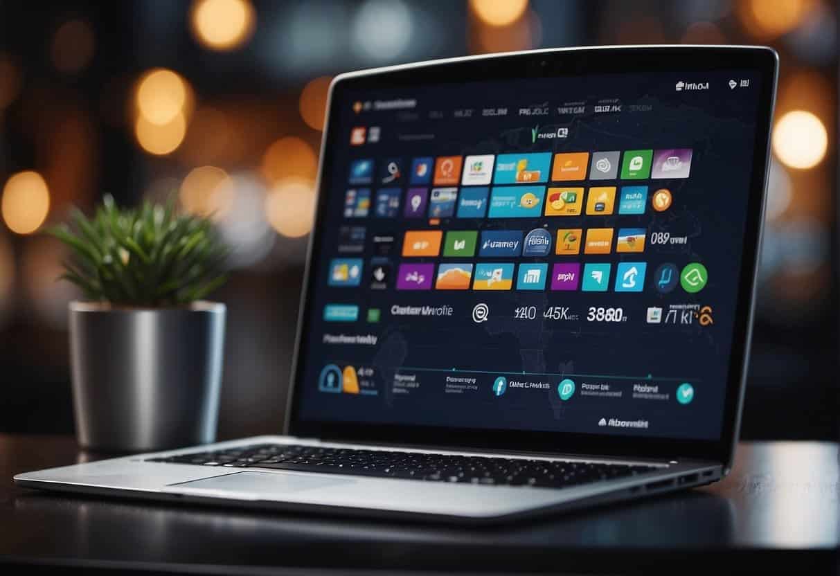 An open laptop displaying various ecommerce platforms, surrounded by icons of online shopping, payment methods, and analytics charts