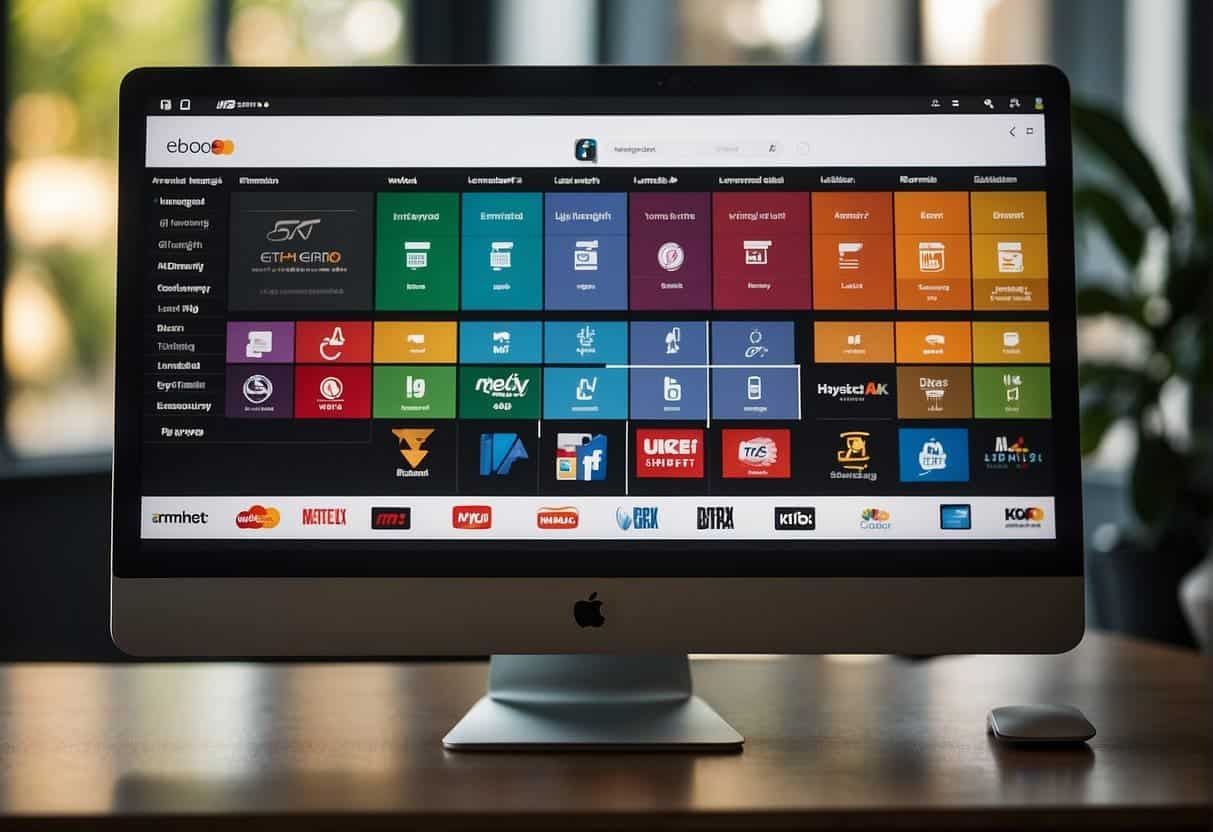 An array of ecommerce platform logos displayed on a computer screen, with a chart comparing their features and ratings
