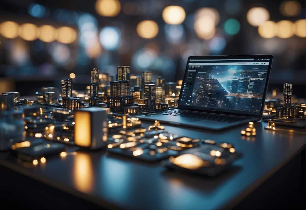 A bustling marketplace of interconnected platforms, each one representing a different aspect of eCommerce. The platforms are expanding and growing, symbolizing the scalability and business growth potential of eCommerce