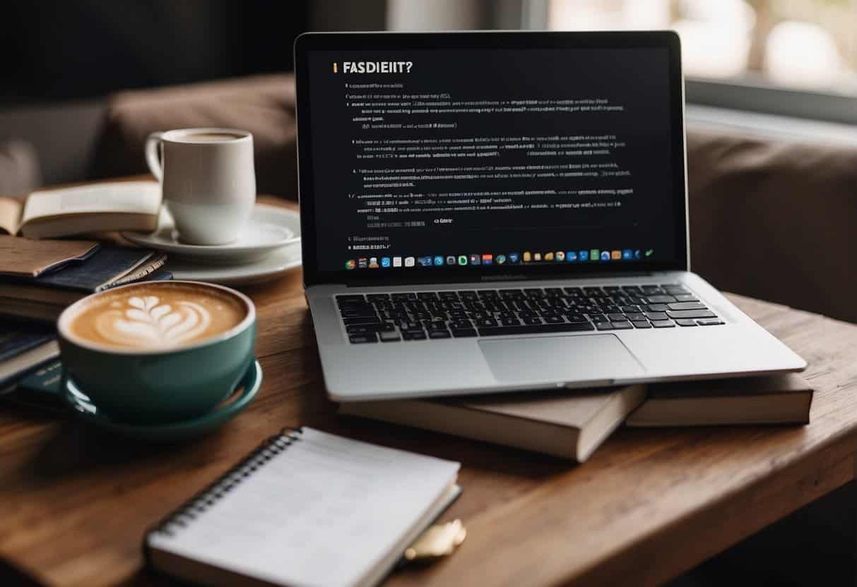 An open laptop displaying various eCommerce platforms. A stack of books on the side. A pen and notebook with "FAQs" written on it. A cup of coffee nearby