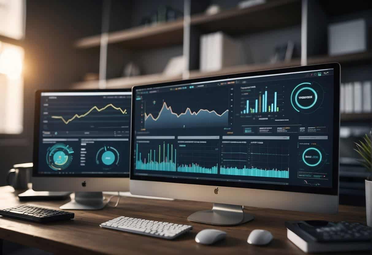An AI SEO tool sits on a desk, surrounded by computer screens and open tabs. Charts and graphs display data, while a digital interface showcases the tool's capabilities