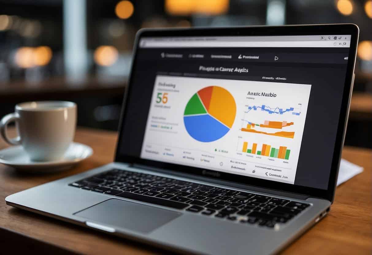 A laptop displaying Google Analytics with a small business website traffic data. Graphs and charts show user acquisition metrics
