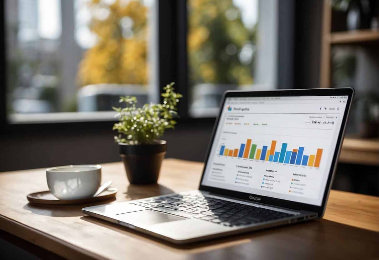 A computer screen displaying Google Analytics 4 interface with a small business website data. Graphs, charts, and metrics are visible on the screen