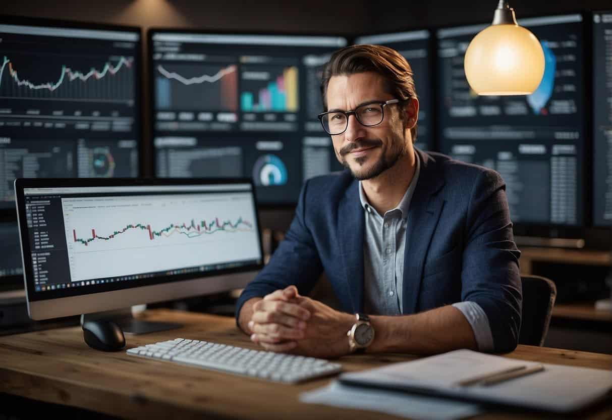 A small business owner sits at a desk, surrounded by charts and graphs on a computer screen displaying Google Analytics data