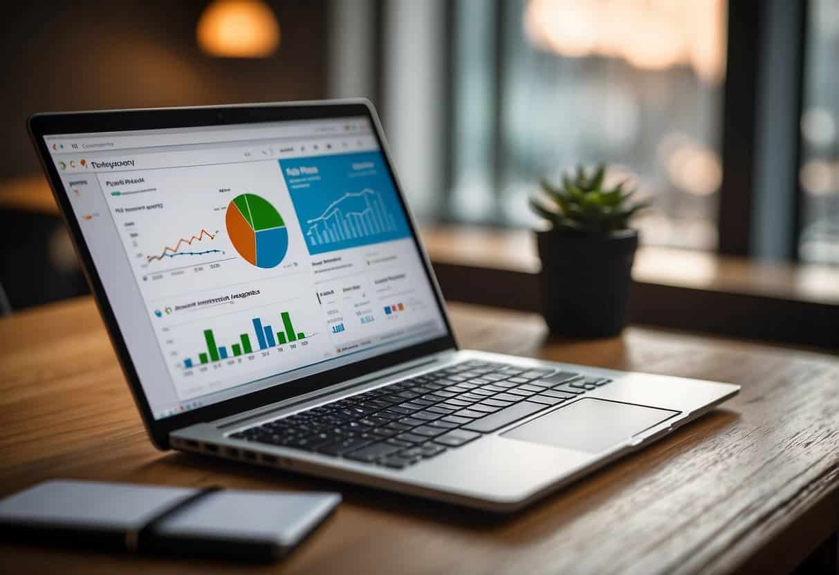 An open laptop displaying Google Analytics interface with charts and graphs. A notebook and pen sit beside it