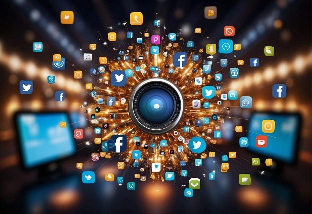 A variety of social media icons (Facebook, Instagram, Twitter, etc.) with video play buttons, surrounded by engagement metrics (likes, comments, shares)