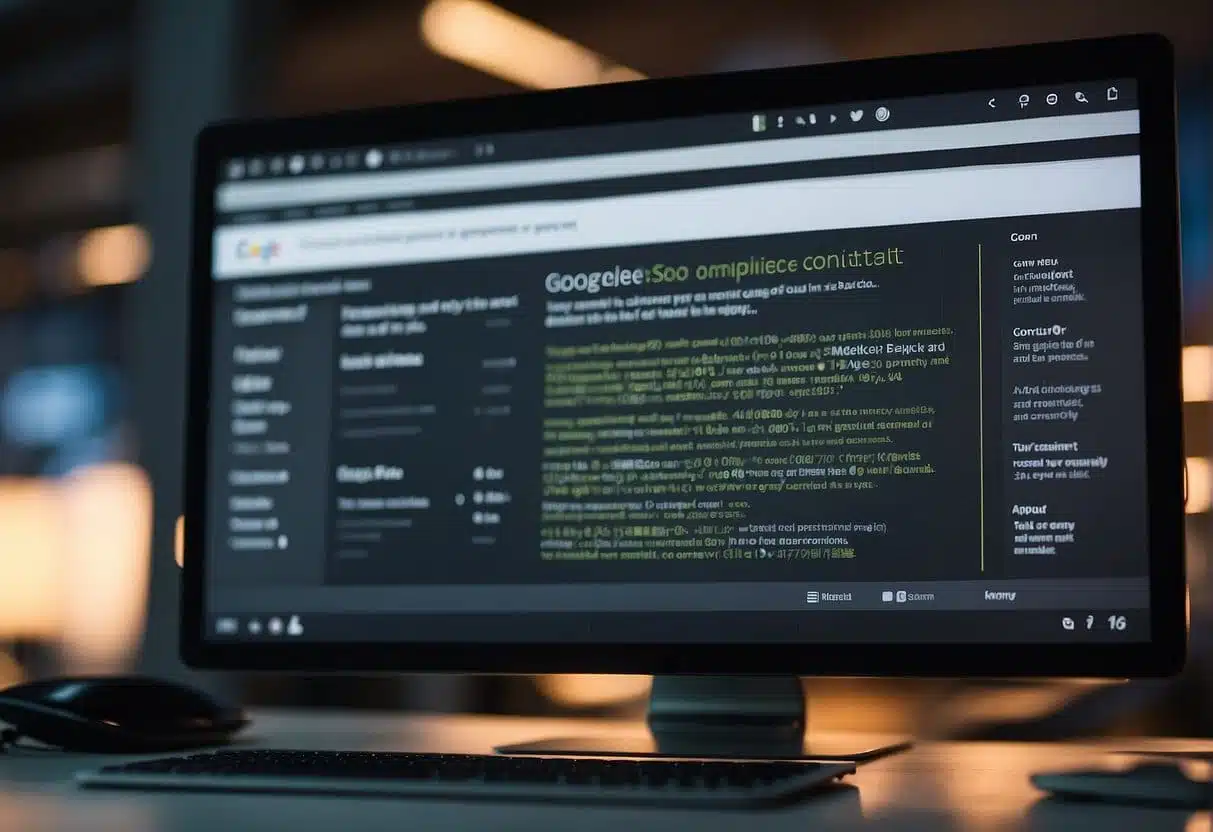 A computer screen displays Google's SEO compliance tips with relevant images and text. A person navigates through the content, highlighting key points