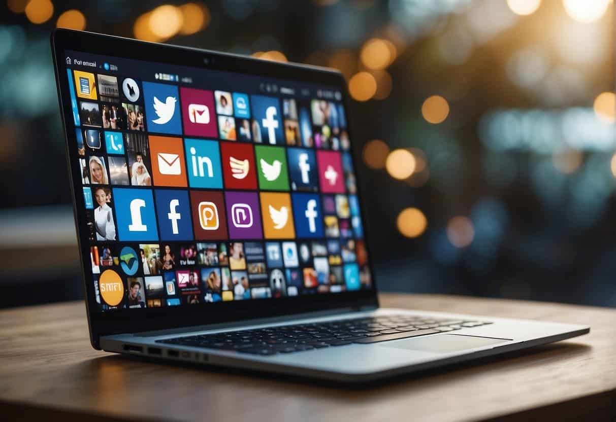 A laptop displaying CSR initiatives on social media, surrounded by icons of various social media platforms