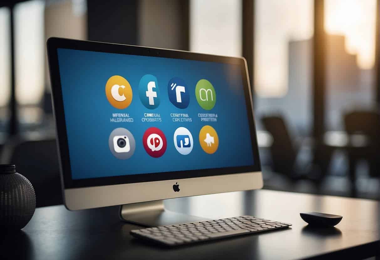 A company logo displayed on a computer screen with social media icons, representing the challenges and opportunities of digital CSR through social media