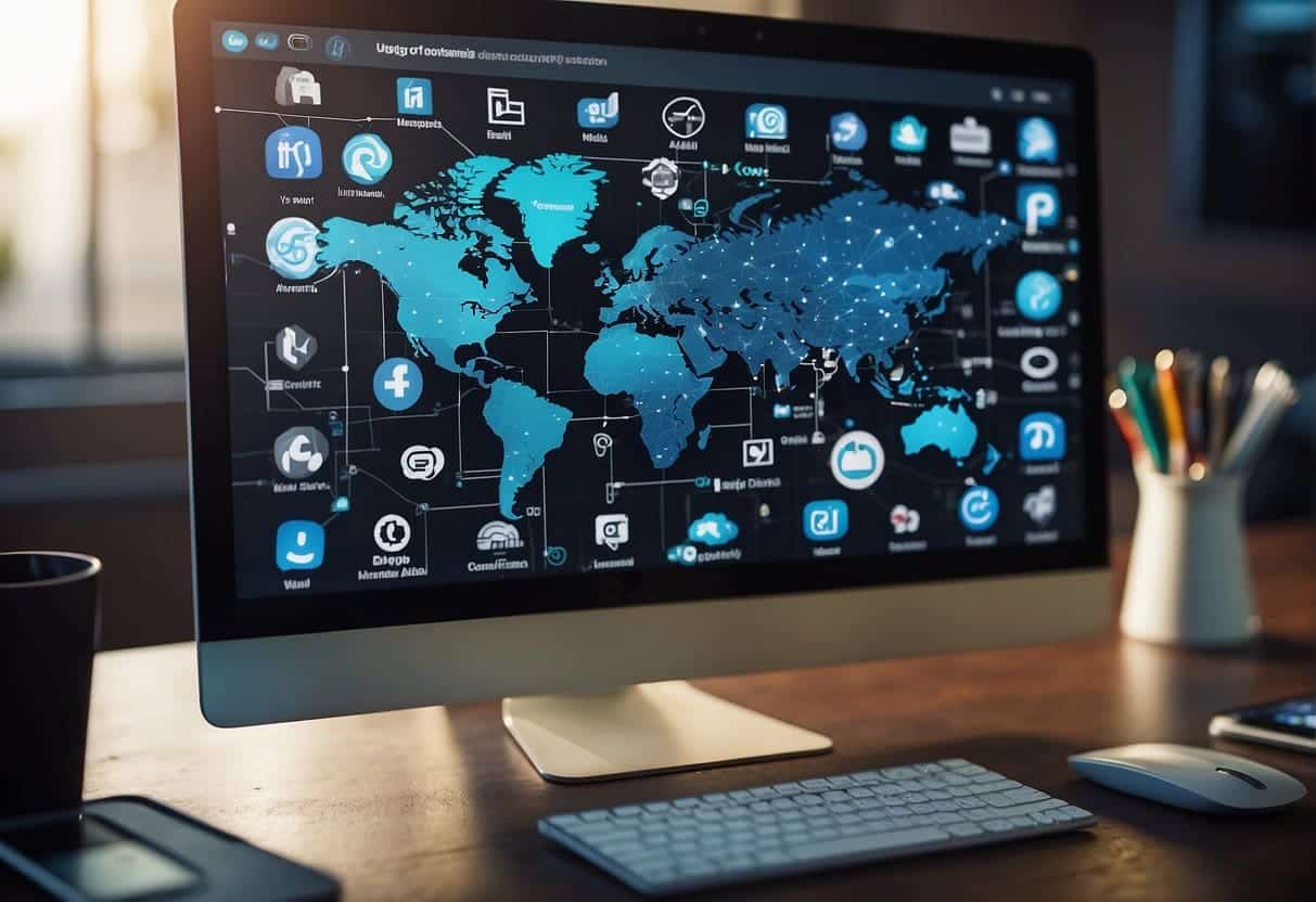 A computer screen displaying advanced social media design tools with key platforms logos in the background