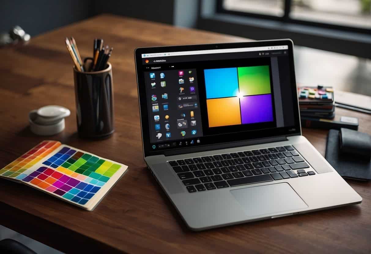 A desk with a computer, graphics tablet, stylus, and color swatches. A smartphone with social media apps open