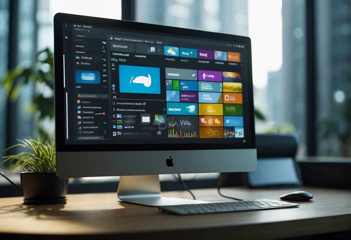 A computer screen displaying advanced design tools for social media graphics. Multiple windows open, showing various design elements and editing options