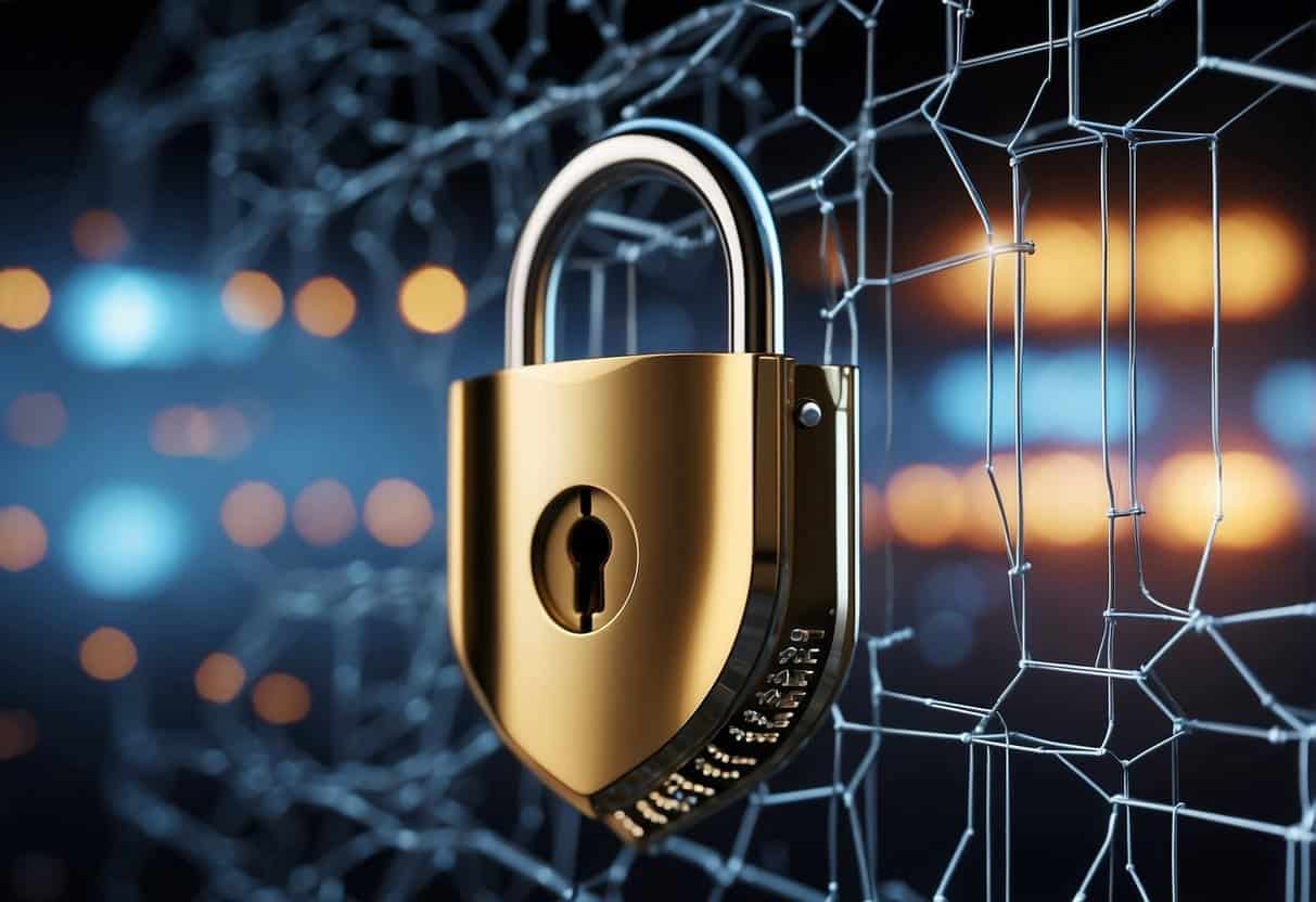 A padlock icon appears over a network connection, with a shield symbolizing data security