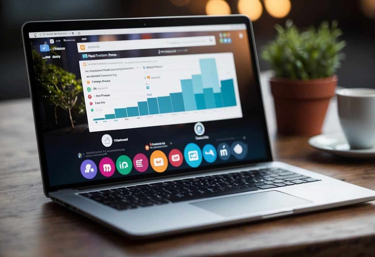 A laptop with a social media platform open, showing a poll with various options and engagement metrics displayed