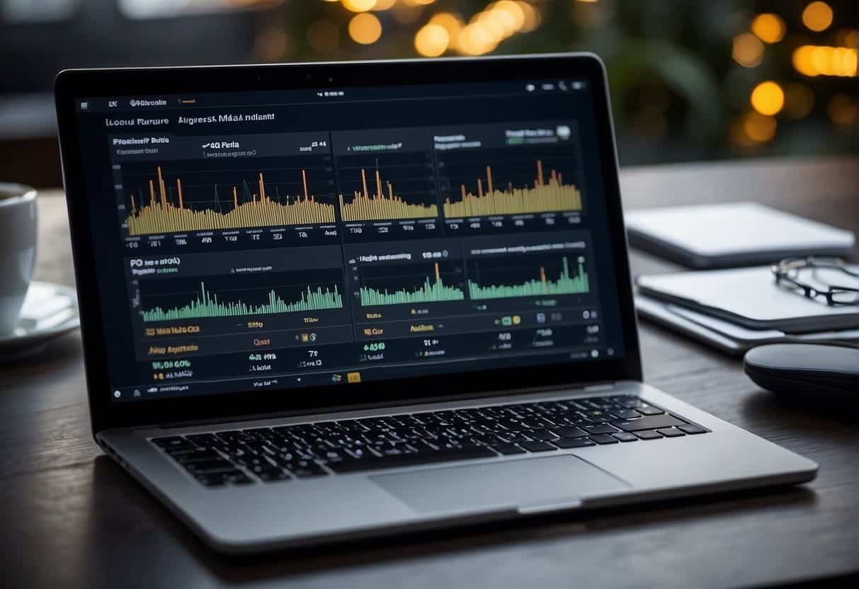 A laptop displaying social media poll results, surrounded by data analytics charts and AI algorithms