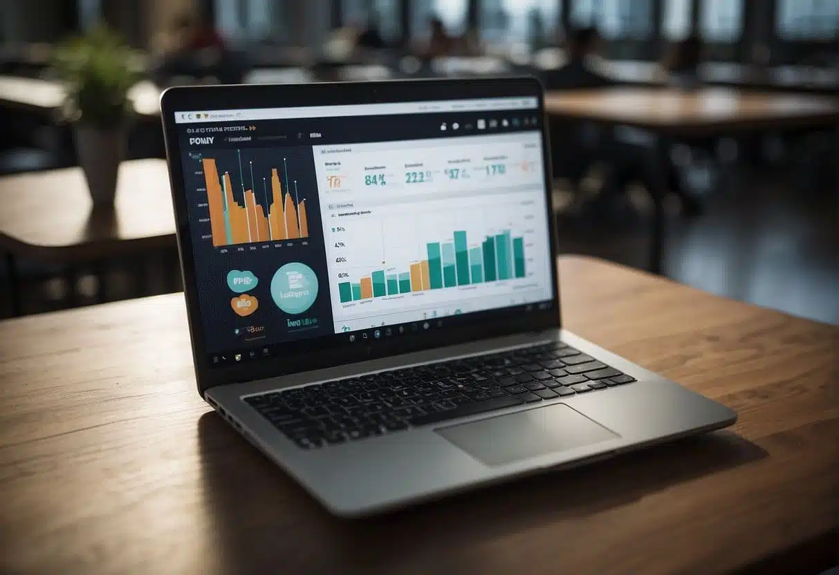 A laptop displaying social media polls, surrounded by data charts and audience feedback