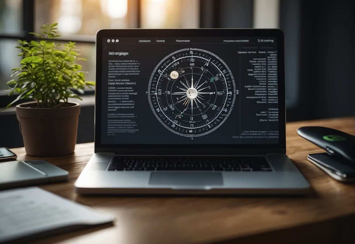 A computer screen displays a webpage with SEO strategies. A compass hovers above, symbolizing navigation through Google's content update. The screen is surrounded by helpful tips for SEO compliance