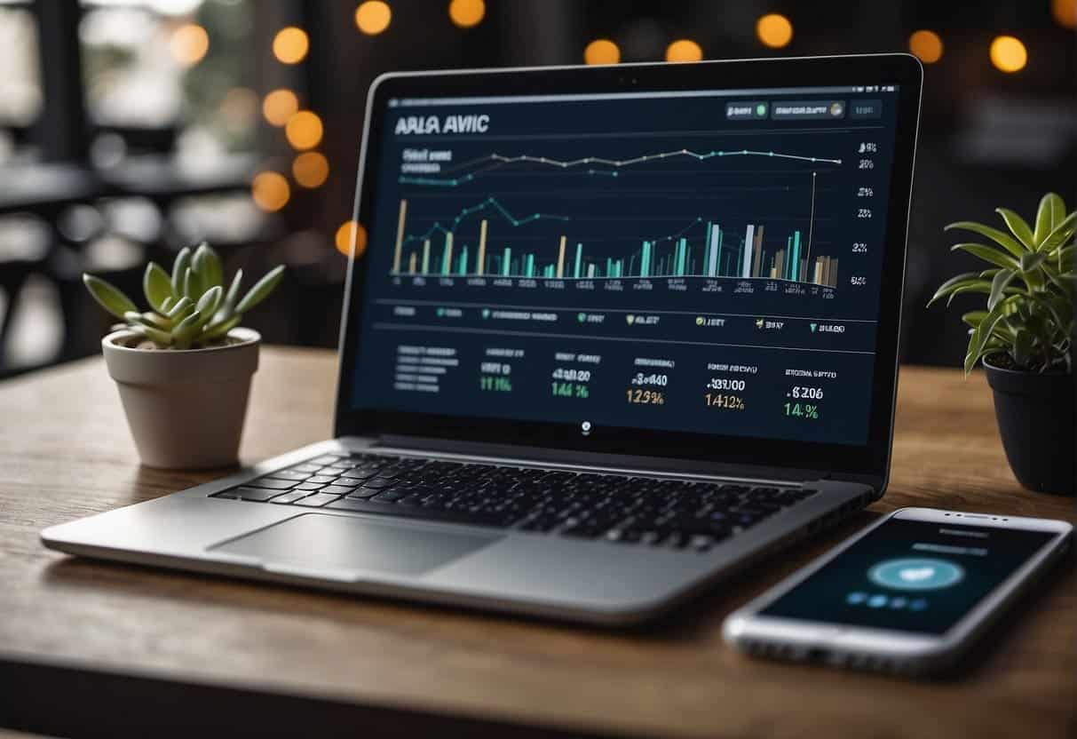 A laptop displaying website analytics with various charts and graphs, a smartphone showing social media engagement, and a chart measuring email campaign performance