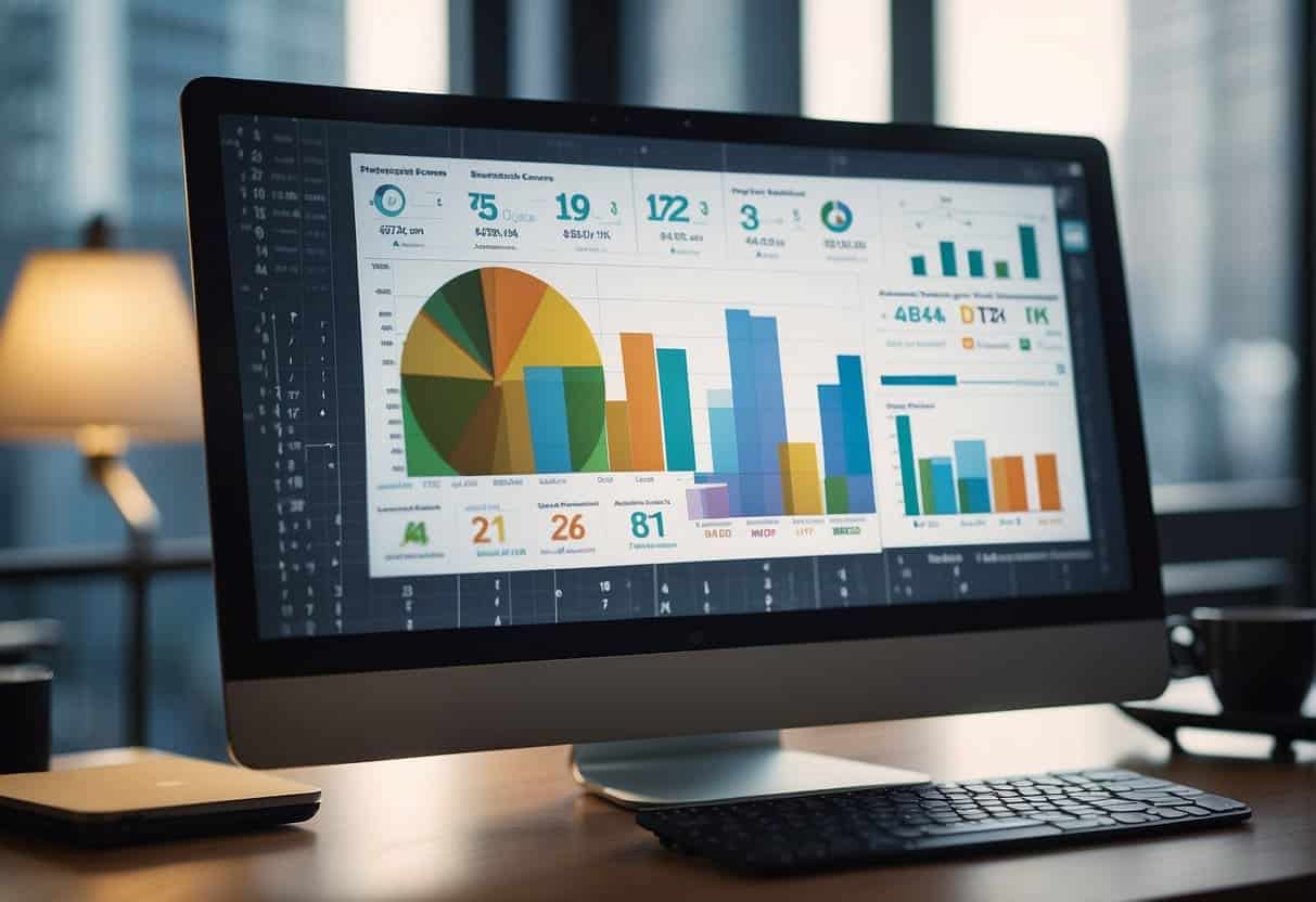 Data charts and graphs display on a computer screen, showing website analytics. A magnifying glass hovers over the screen, highlighting key performance indicators