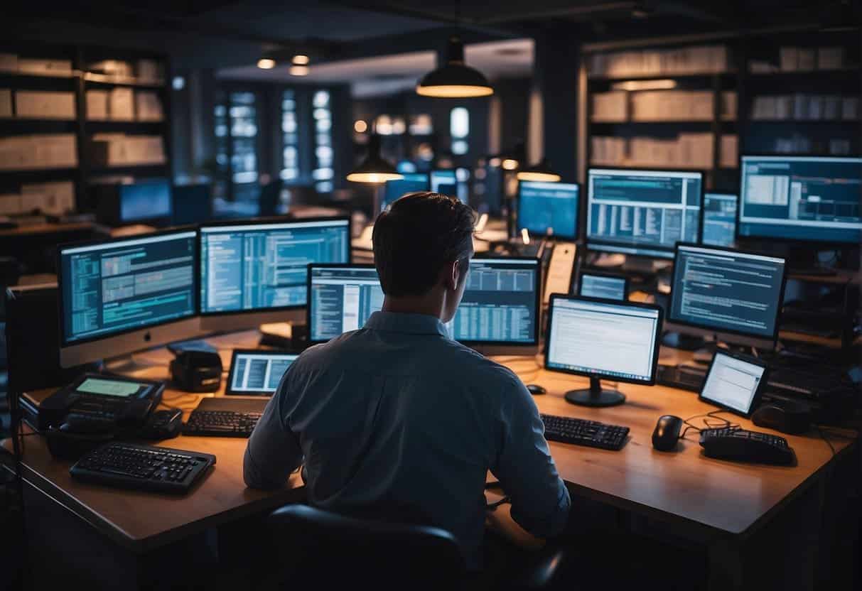 A person researching and comparing different databases for web applications, surrounded by various technology and research materials