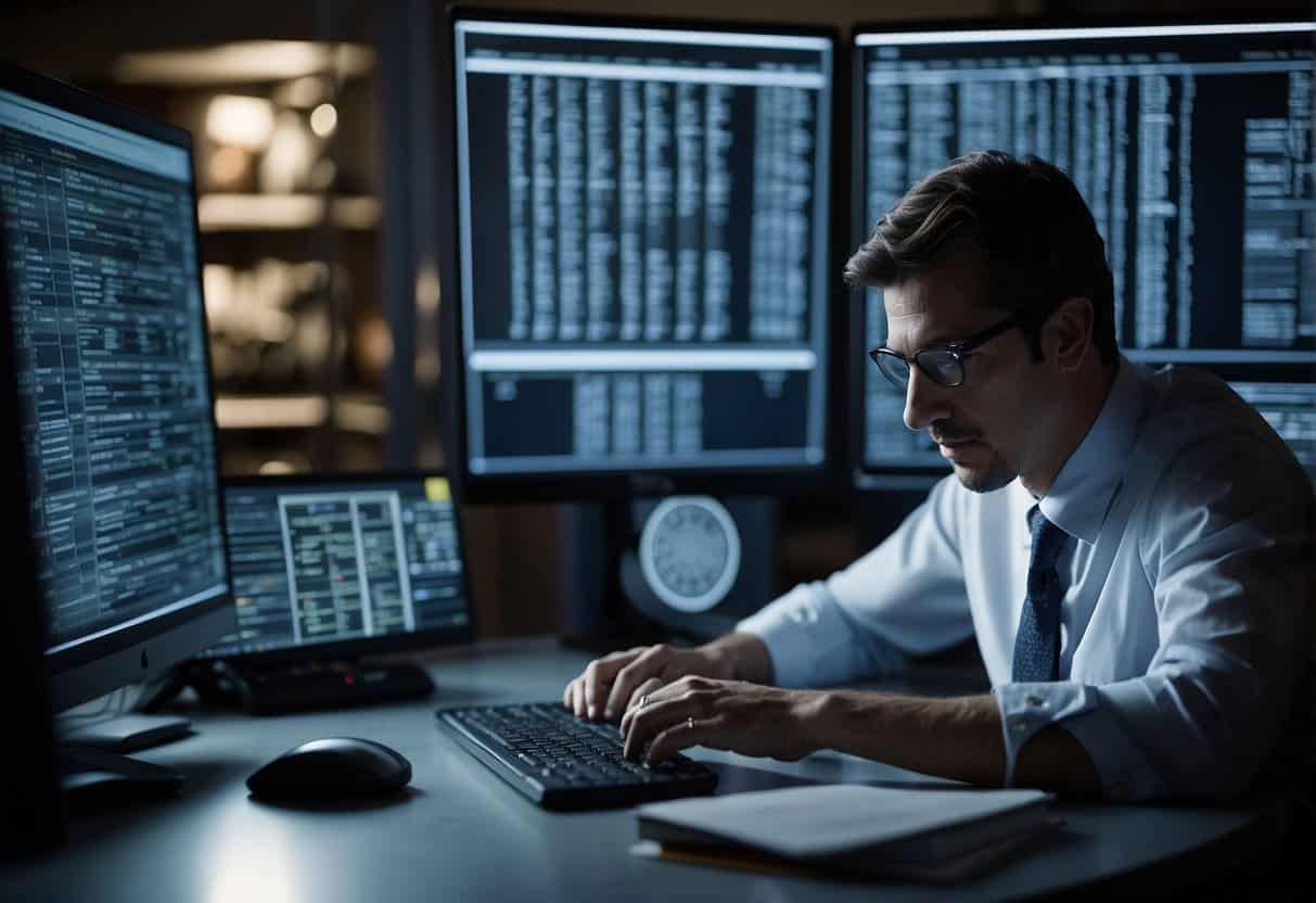 A person researching databases on a computer, surrounded by security and compliance documents