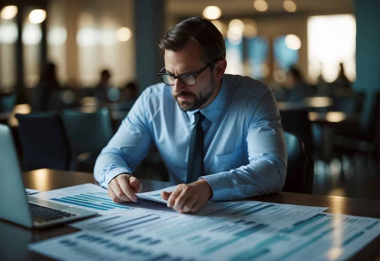A person comparing costs and budgets for web databases. Tables of data and charts surround them as they make decisions