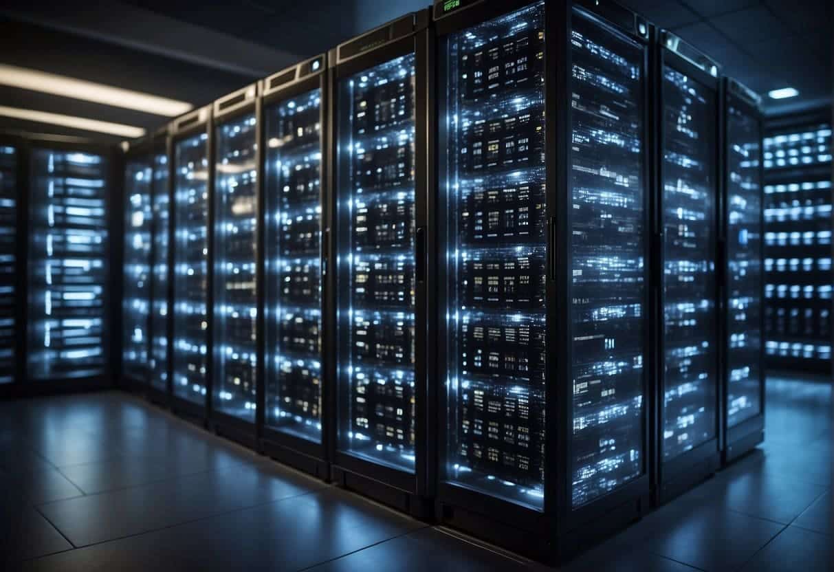 A modern server room with rows of neatly organized database servers, each labeled with the name of a web application. Bright lights illuminate the room, highlighting the importance of data integrity and consistency