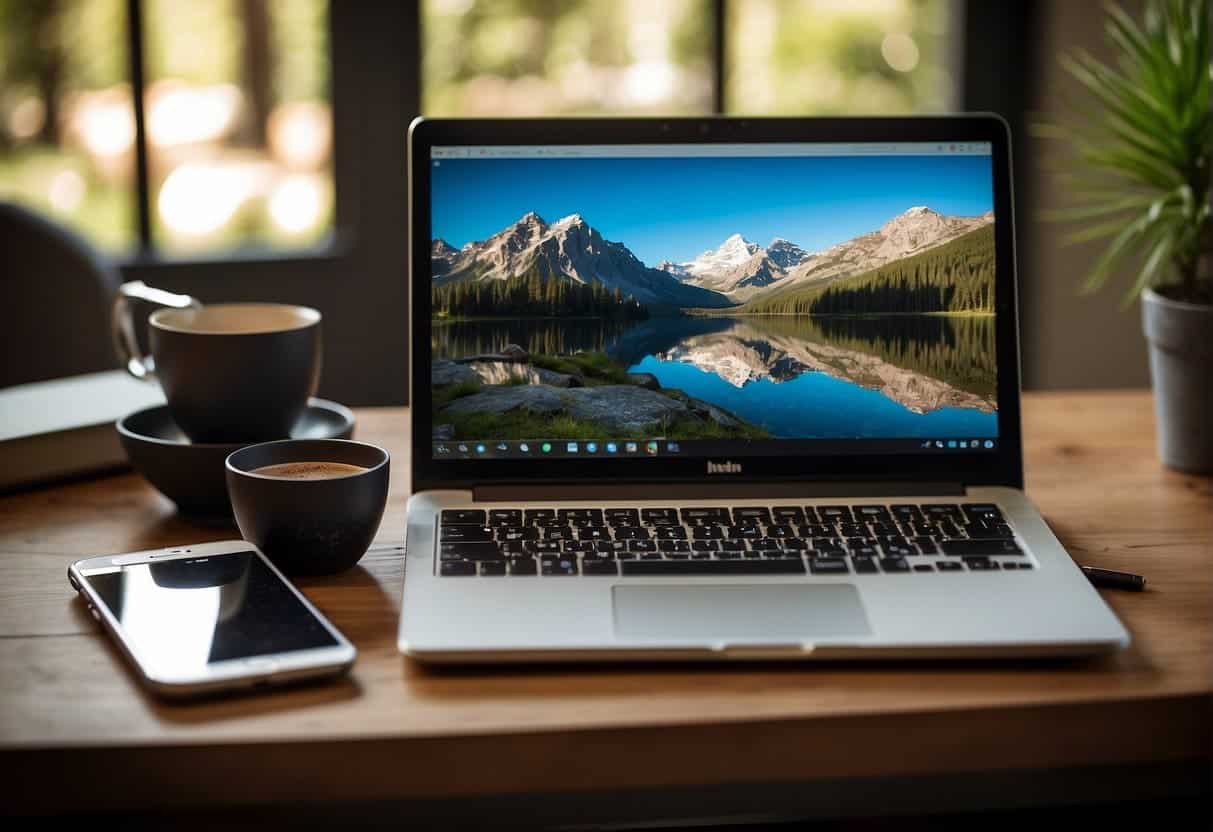 A laptop, tablet, and smartphone arranged on a desk. Social media icons and content planning tools displayed on the screens. A notebook and pen nearby for jotting down ideas