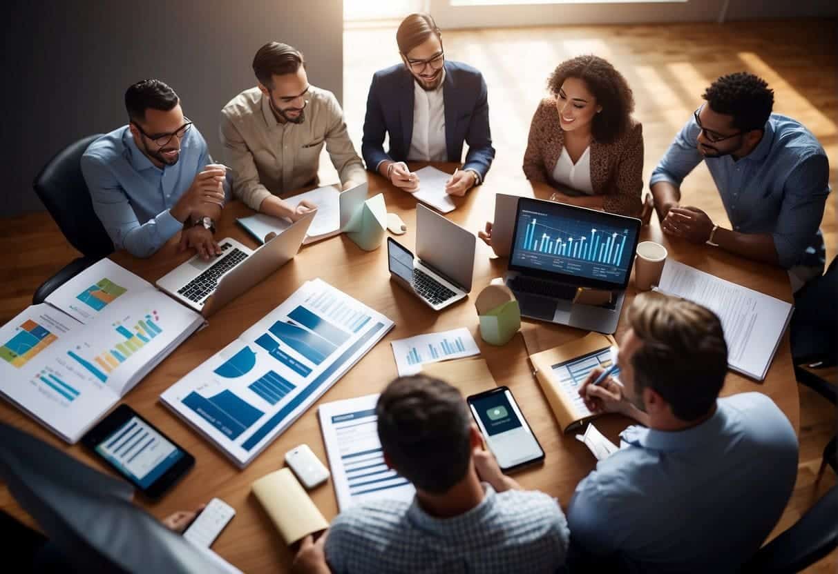 A diverse group of people engaging with various digital and traditional marketing tools, analyzing data, and brainstorming content ideas