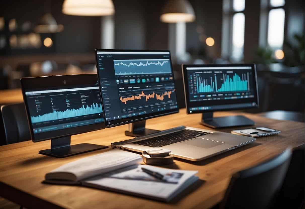 A table with a laptop, notebook, and pen. Posters and brochures displayed on a wall. Social media icons and analytics charts on a computer screen