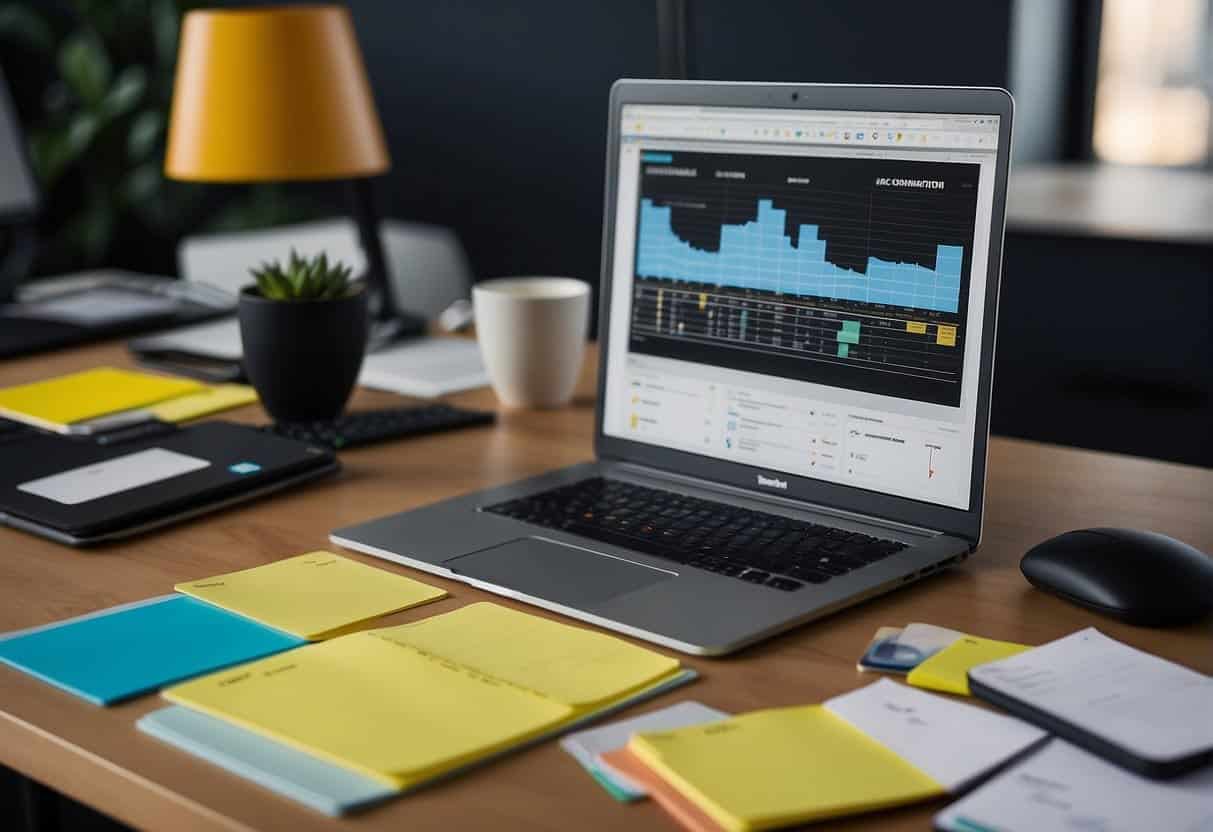 A desk with a computer, notebook, and various content strategy tools. Post-it notes, charts, and a brainstorming board are visible