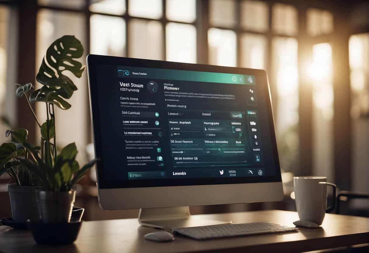 A computer screen displaying a website structure with voice search optimization tools and keywords. A voice assistant icon is prominent