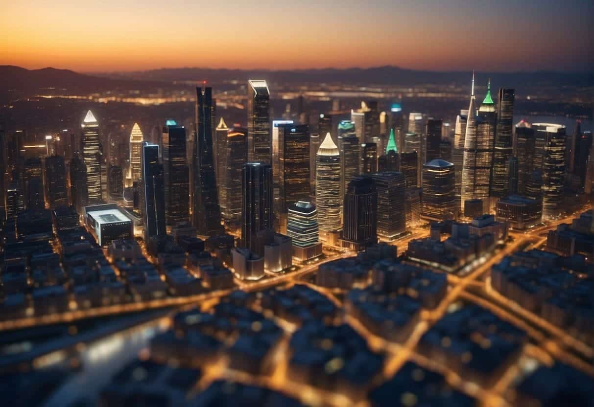 Local SEO - A city skyline with highlighted local businesses, a map with targeted keywords, and a website being optimized for local search