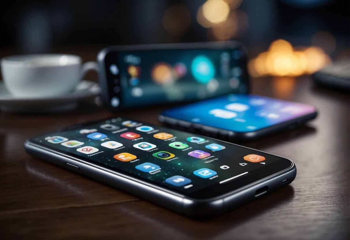 A smartphone with a video playing on the screen, surrounded by social media icons and mobile app logos