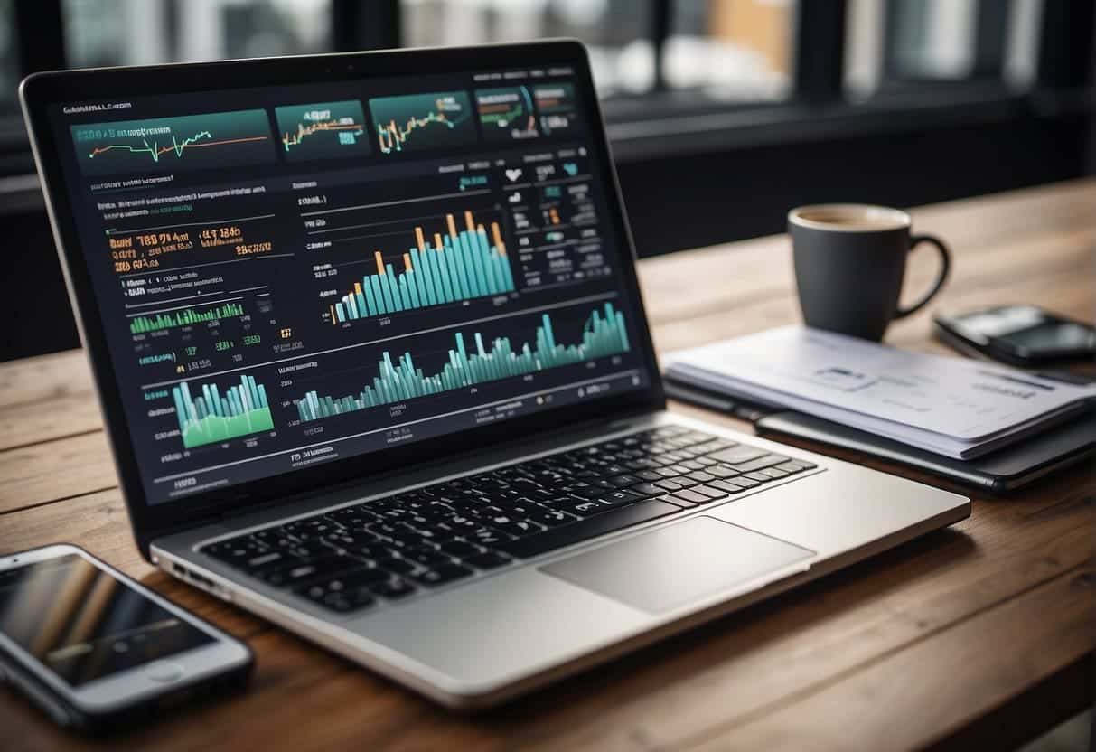 A laptop displaying a Fintech marketing campaign, with graphs and charts showing success metrics. A smartphone with a digital marketing app, and a stack of financial documents