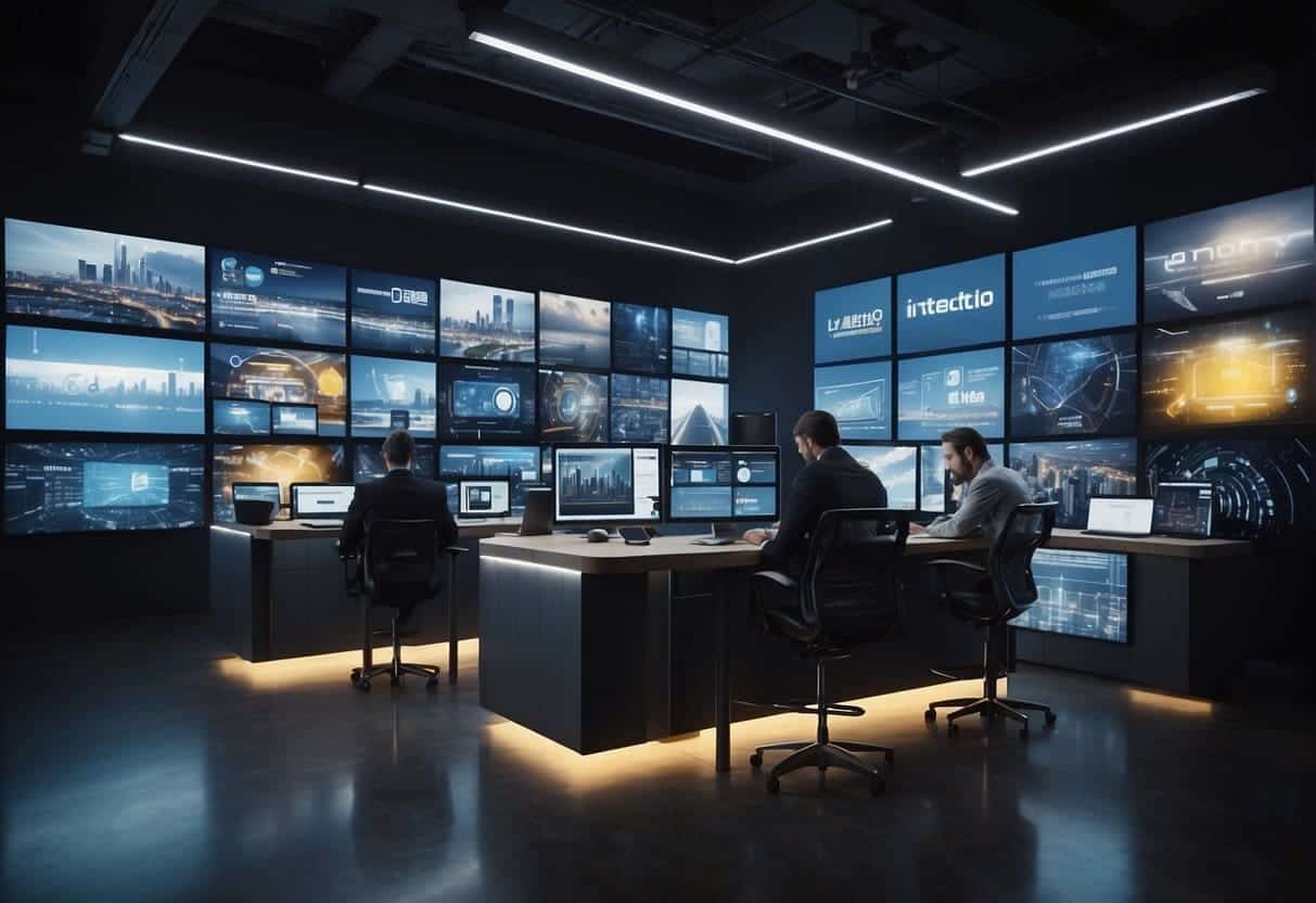 A dynamic scene of various digital devices and screens showcasing innovative fintech solutions in digital marketing
