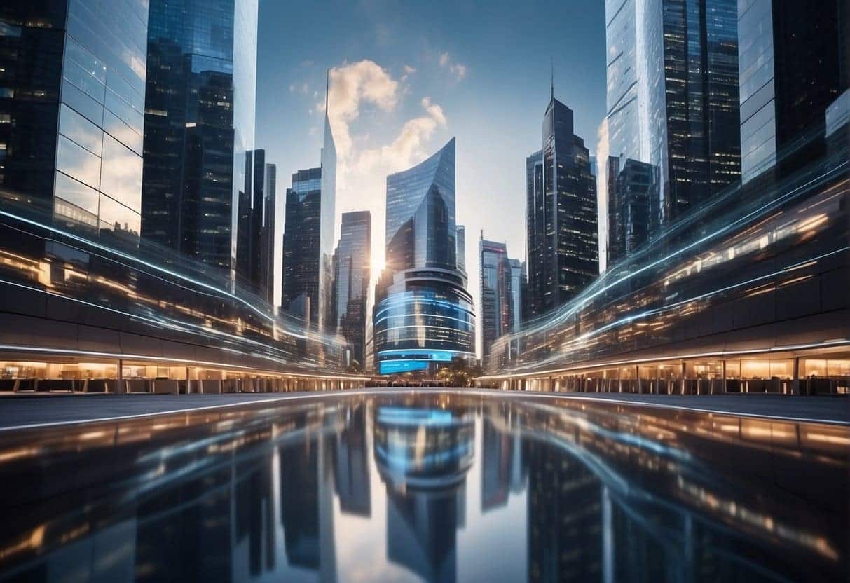 A futuristic cityscape with digital billboards showcasing fintech products and services. Data streams and algorithms swirl around skyscrapers, symbolizing the integration of fintech in digital marketing