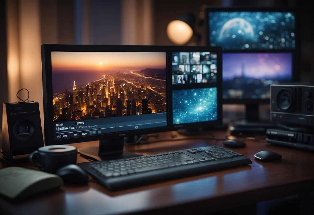 A digital storytelling scene: A computer screen displaying a captivating story, surrounded by various multimedia tools and elements