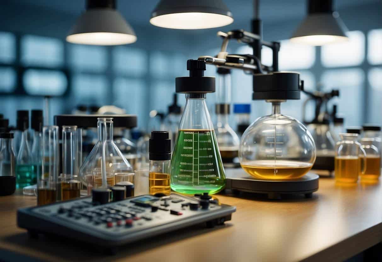 A lab table with various equipment and tools for experimentation, including beakers, test tubes, and measurement devices, arranged neatly for efficiency and accessibility