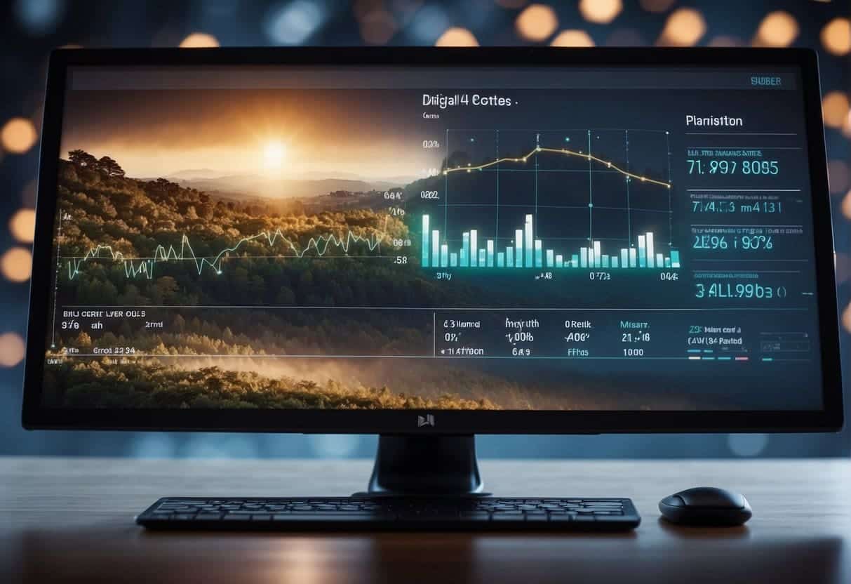 A computer screen displaying a digital story with engaging visuals and compelling text. A graph showing increased conversion rates